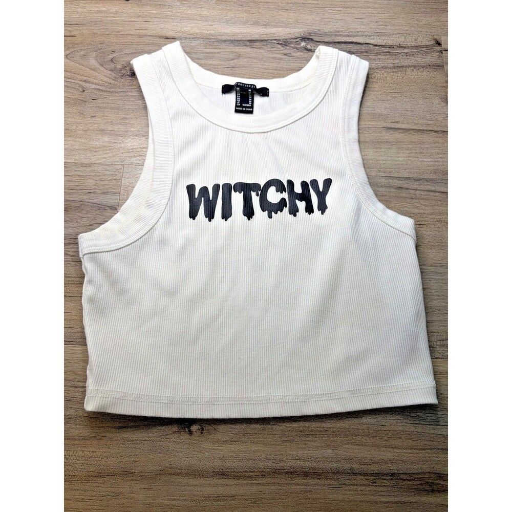 Forever 21 Witchy White Solid Ribbed Round Neck Sleeveless Crop Tank M Medium